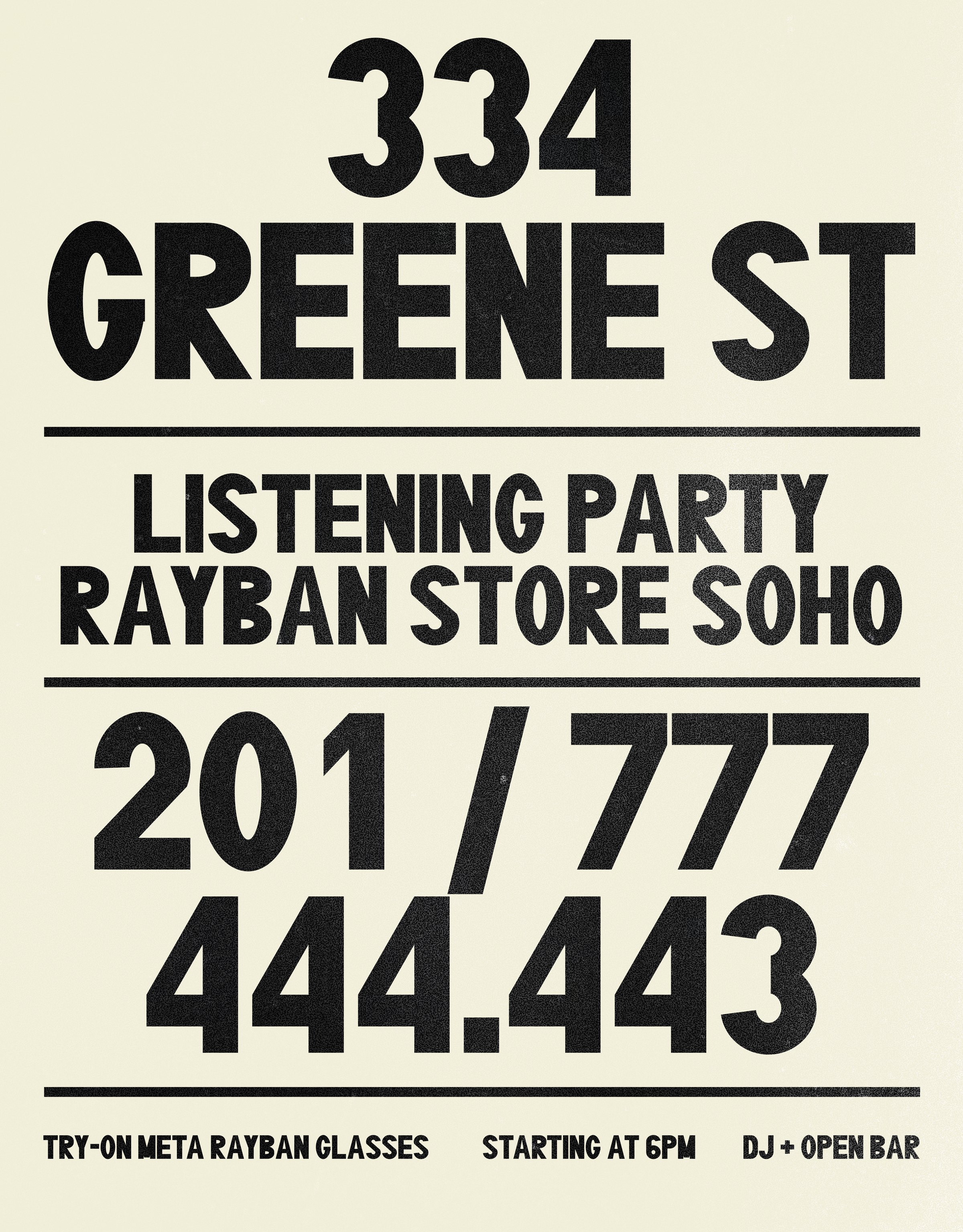 Listening party poster, 334 Greene St